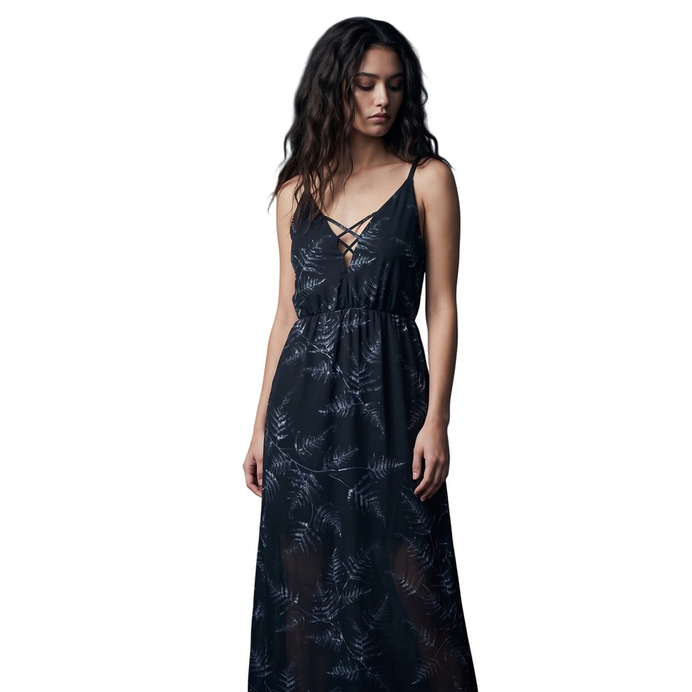 DISTURBIA Black Fern Print Lace Up Maxi Dress US 10 UK 14 Moody Boho Whimsigoth